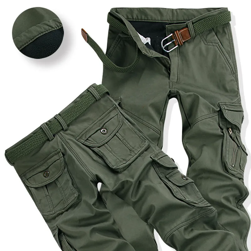016 army green Мужские зимние брюки толстые теплые брюки-карго Повседневное флисовые карманы меховой брюк плюс размер 38 40 Мода Свободные мешковатые Joger работника мужской - Цвет: 016 army green