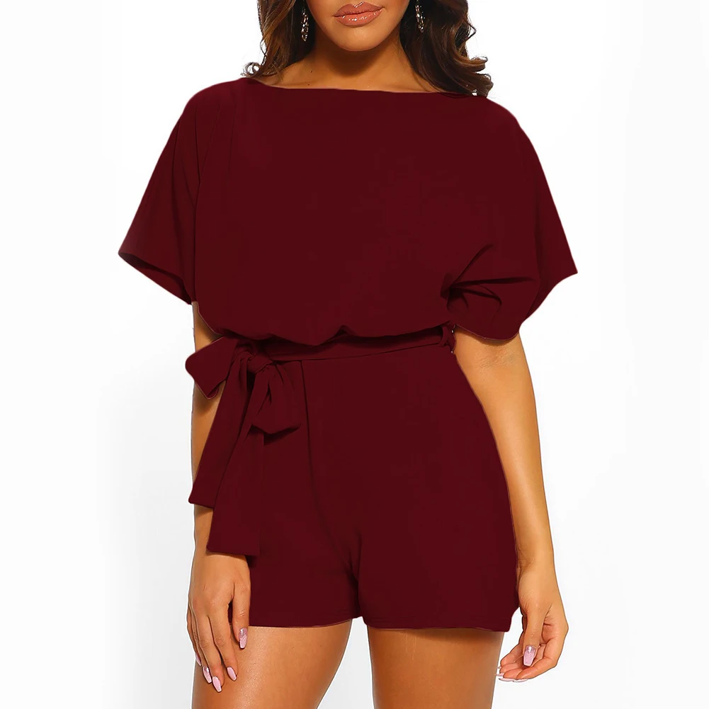 Women Jumpsuit Loose Office Solid Crew Neck Lace Up Elegant Daily Short Sleeve Shopping High Waist Casual Dating Summer