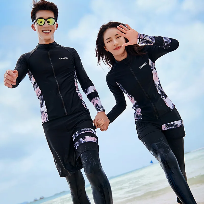 

2021 Summer New Fashion Couple Swimsuit Sun Proof Long Sleeve Surfing Swimsuits for Women Men Rashguard Quick Dry Beach Wear