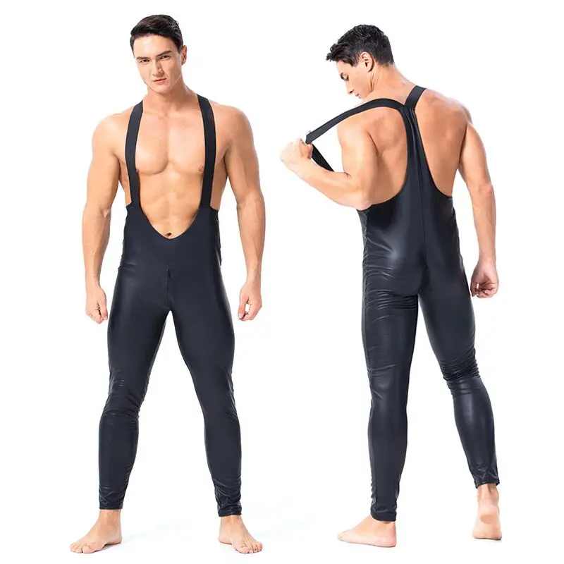 Mens Faux Patent Leather Catsuit bodysuit Black Stretch PVC Bodysuits Sexy Clubwear Men Open Crotch Lingerie nigh clubwear