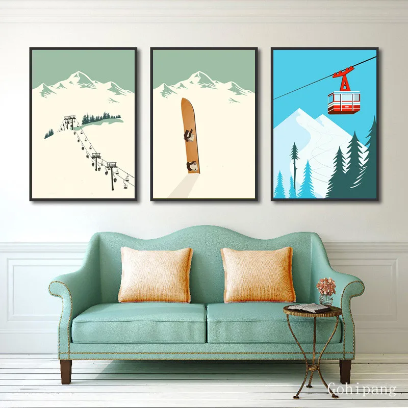 Nordic Decoration Home Vintage Winter Landscape Posters and Prints Painting Abstract Skiing Sports Canvas Art Wall Pictures