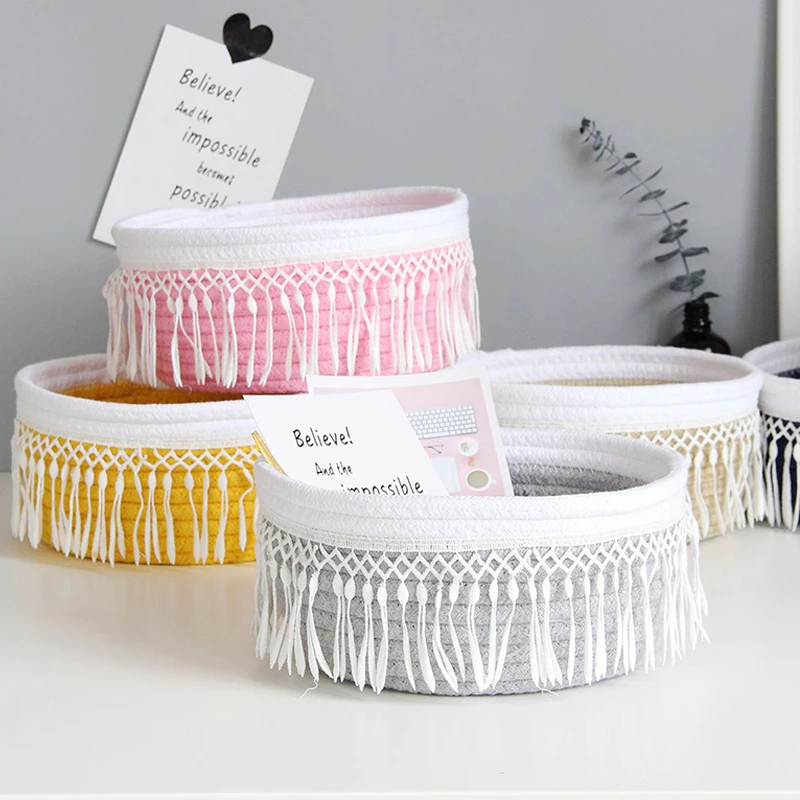 

Desktop Foldable Storage Basket Pompom Handmade Woven Sundries Organizer Cotton Rope Storage Baskets For Cosmetic Storage Box