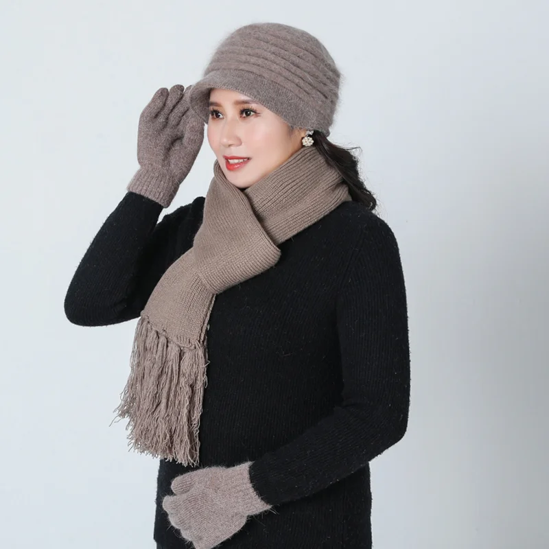 Женская зимняя теплая вязаная шапка двойка с кроликом кепка термо шарф перчатки