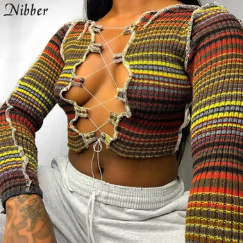 

Nibber Contrast Stripe knitting Woman Fall Streetwear Chic Hollow Out Strappy Harajuku Crop Top Skinny Soft Clother 2020 Tshirt