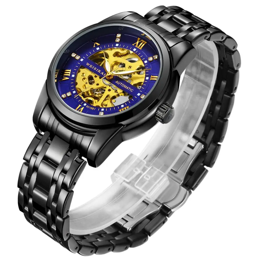 

Top Luxury Brand WEISIKAI Mechanical Watch Men New Fashion Black Stainless Steel Strap Wristwatch Male Clock Relogio Masculino