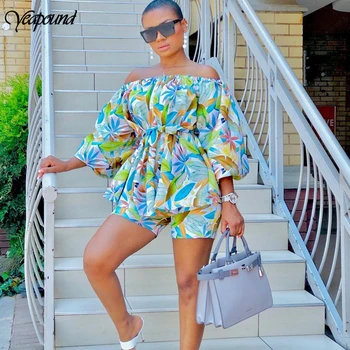 

Women Slash Neck 2 Piece Set Women Casual Two Piece Set Women Off Shoulder Sunflower Printed Beachwear Matching Set