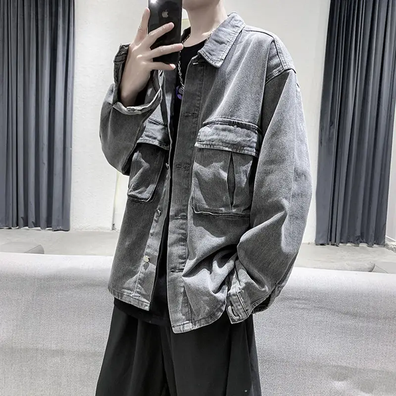 

Denim Jacket Men's Fashion Solid Color Casual Retro Pocket Denim Jacketwear Menwear Streetwear Loose Hip-hop Bomber Jacket Men