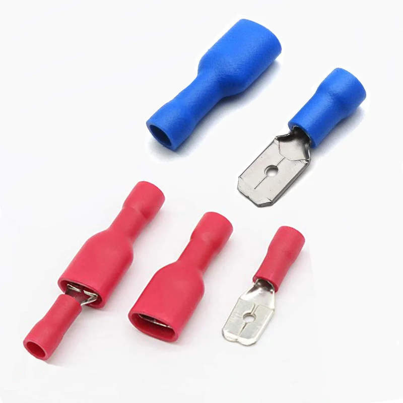 100 PCS FDD 1.25-250 MDD1.25-250 6.3mm Red Female + Male Spade Insulated Electrical Crimp Terminal Connectors Wiring Cable Plug |