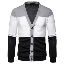 PUIMENTIUA New Men's Knitted Sweater Casual Patchwork Jacket Three-color Stitching Deep V Cardigan Men's Knitted Sweater