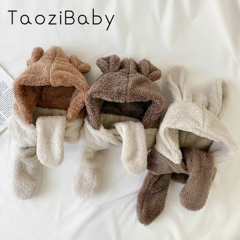Корейский осень и зима детский шарф и шляпа сплайсинга плюс плюшевая теплая шапка для младенца кролик наушник новорожденный фотография