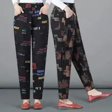 Осенне-зимние женские эластичные джинсы с высокой талией среднего возраста, повседневные джинсовые брюки размера плюс с принтом, штаны-шаровары для мам p192