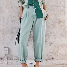 Модные осенние и зимние новые модные однотонные свободные уличные джинсы с высокой талией из хлопка для женщин PB755