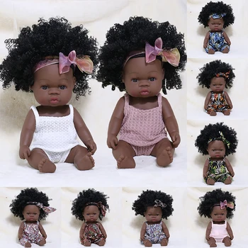 35cm African Reborn Baby Doll Curl Cute Hair Baby Doll with Summer Dress Full Silicone Black Reborn Bebe Toys Doll Gift for Kids 1