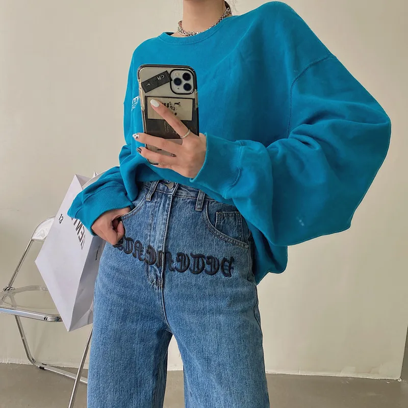 

Vintage Letters Embrodery Baggy Jeans For Women 2022 Spring Loose Straight Pants Female Denim Trousers Ladies Blue Jean 9977