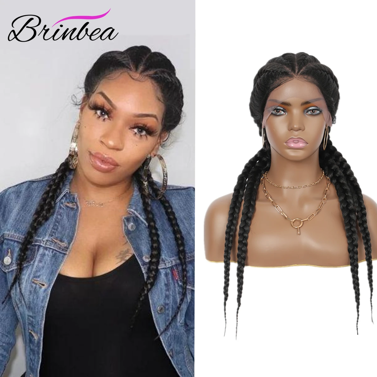 Brinbea 26 Inches Synthetic Hand Braided Lace Front Cornrow Wigs 4 Ponytails Soft Lace Frontal Box Braided Wigs with Baby Hair