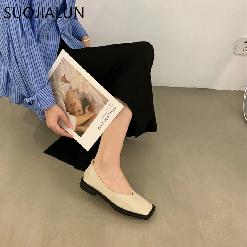 Women Flats SUOJIALUN Spring New Flat Shoes Square Toe Shallow Mouth Slip on Loafers Ladies Casual Shoes