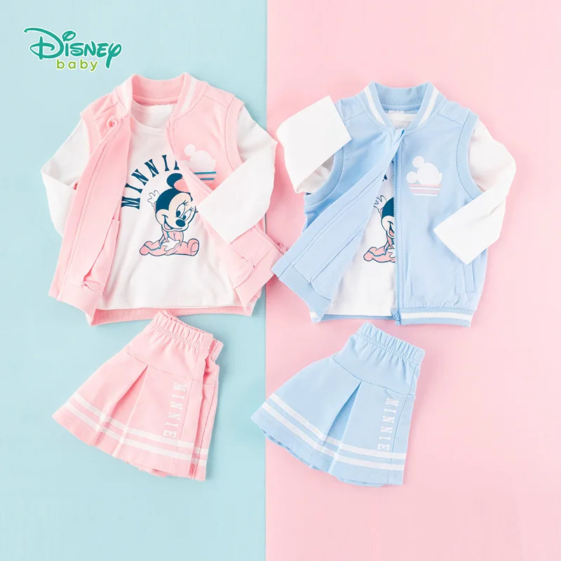 

Disney Children's Clothing Girls Sports Vest Minnie Print Long-sleeved T-shirt Sweet Skirt Three-piece Suit