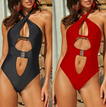 

2020 Sexy Halter Solid High Cut One Piece Swimsuit with Buckle Belt Push Up Swimwear Women Monokini Beach Wear Bathing Suit