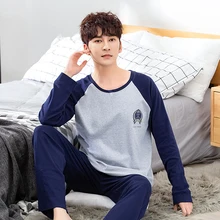 Мужская Лоскутная пижама с длинным рукавом, Хлопковая пижама с круглым вырезом, Повседневная Домашняя одежда, одежда для сна, Топы+ штаны, нижнее белье, 2 шт., мужские пижамы