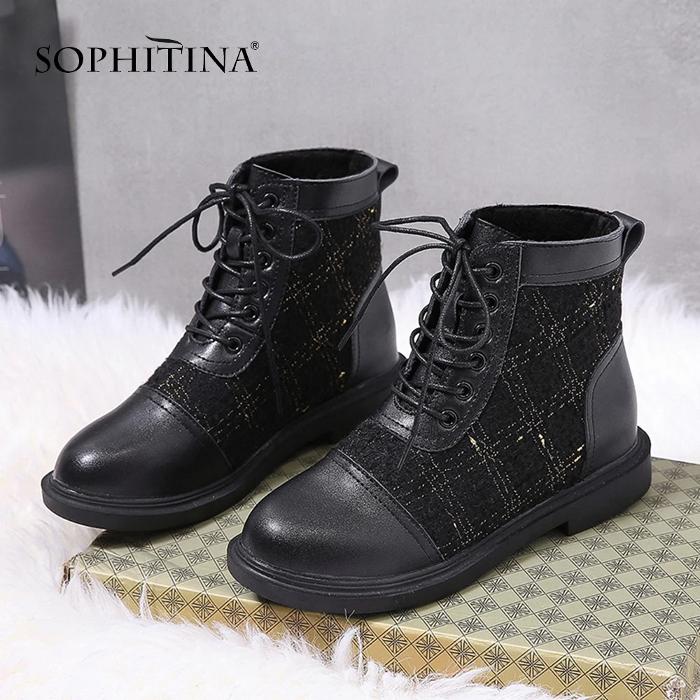 SOPHITINA/Полосатые ботинки в клетку; удобная теплая плюшевая обувь с круглым носком на квадратном каблуке с перекрестными ремешками; новые женские ботинки; MO385