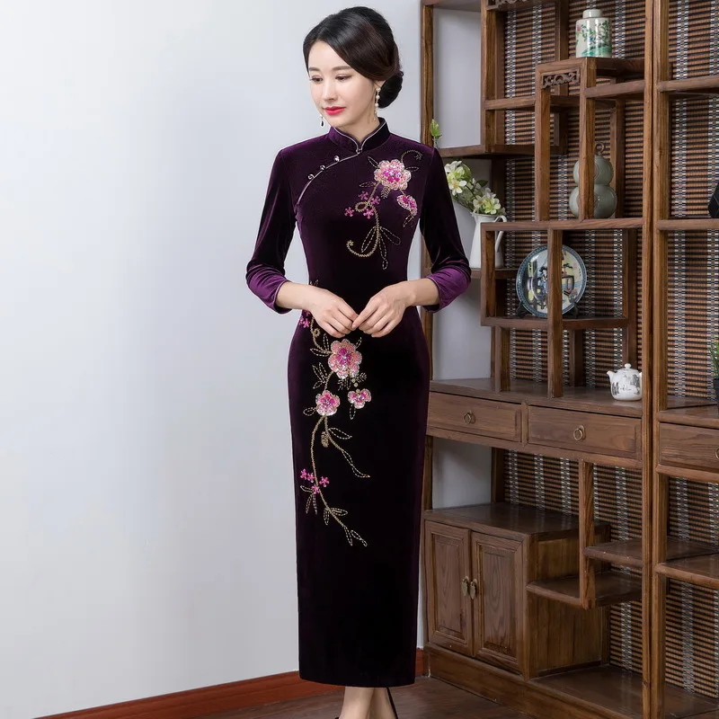

2019 Sale Jin Pavilion New Winter Wedding Toast High-grade Manual Nail Bead Velvet Cheongsam Seven Long Sleeve Improved Fashion