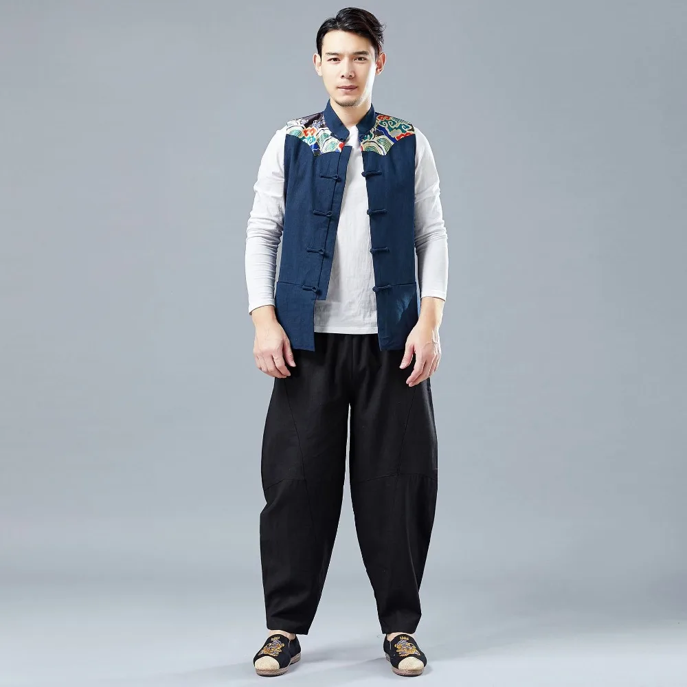 LZJN 2019 Men's Summer Waistcoat Chinese Style Print Patchwork Linen Button Down Kung Fu Shirt Sleeveless Vest Jacket (14)