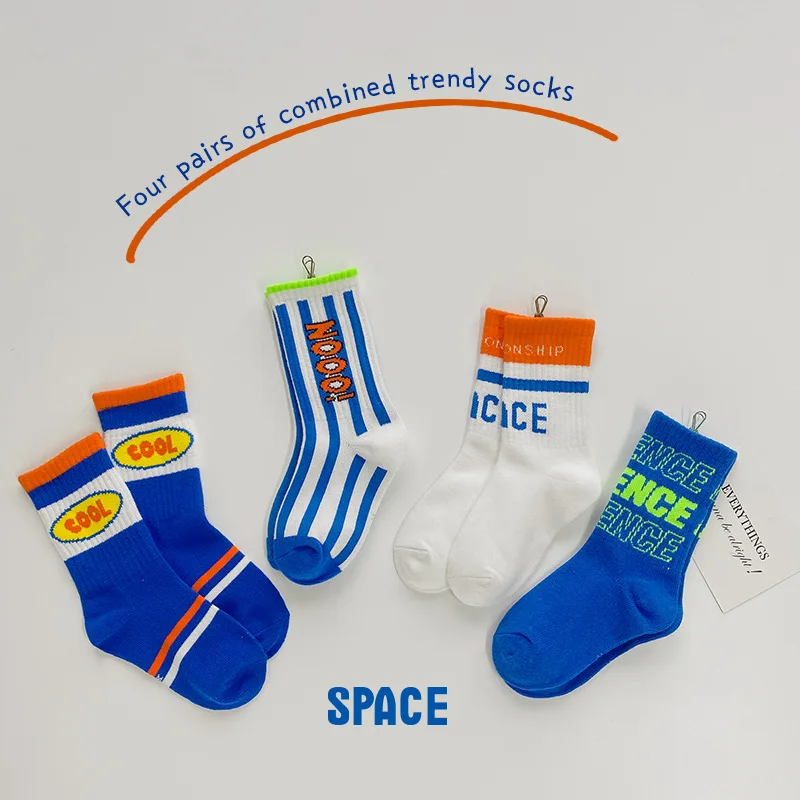

New Autumn Kids Letters Striped Cotton Socks For Girls Fashion Toddler Boys Socks 4 Pairs Socks Set Kids Trendy Socks