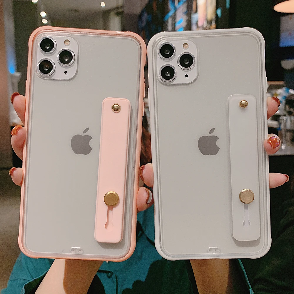 Clear Soft Transparent Standing Phone Case For iPhone Models With Wrist Strap Stand Back Cover