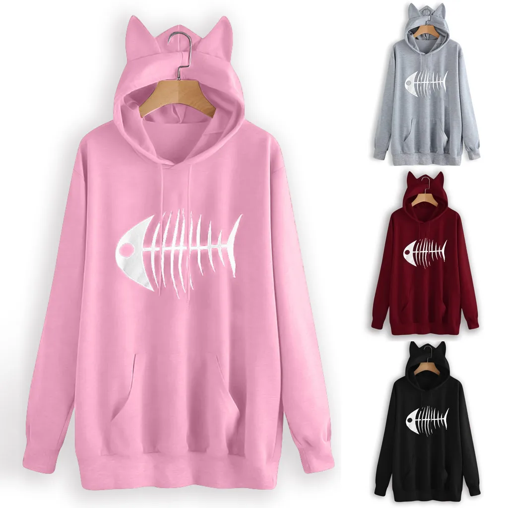 

Women's Casual Cat Ears Long Sleeve Fish Bone Pattern Hooded Sweatshirt 2019 Women Hoodies Sweatshirts Female Casual Coat