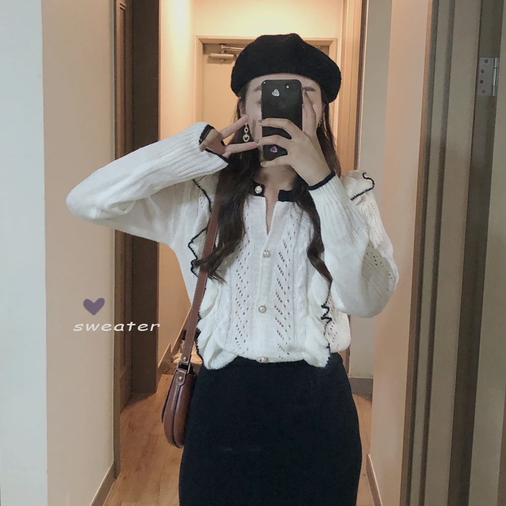 

Women Knitted Two 2 Piece Set Long Skirt Full Sleeve Single Breasted Ruffle Trim Cardigan and High Waist Long Skirt Female Suit