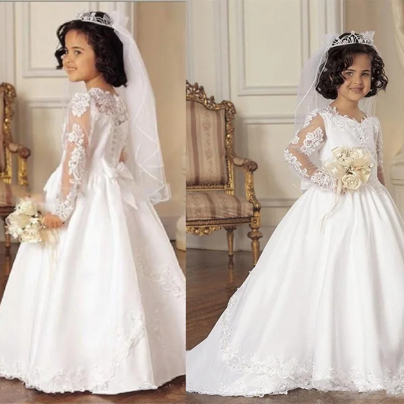 Lovely White Lace Flower Girls Dresses for Wedding Floor Length Full