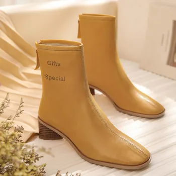 

MLJUESE 2020 women ankle boots sheepskin winter short plush zippers round toe yellow color high heels female boots party dress