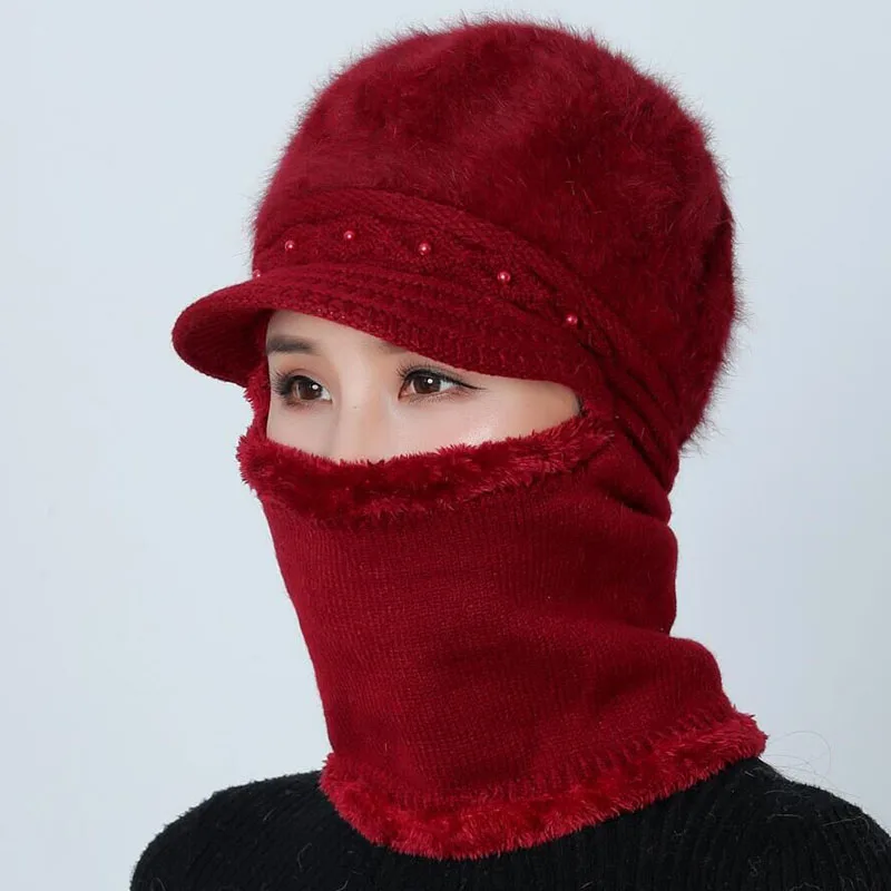 Высококачественные зимние шапки для женщин Skullies Beanie cap шляпки из шерсти набор теплая маска Gorras шапка из кроличьего меха Вязаная Шапка