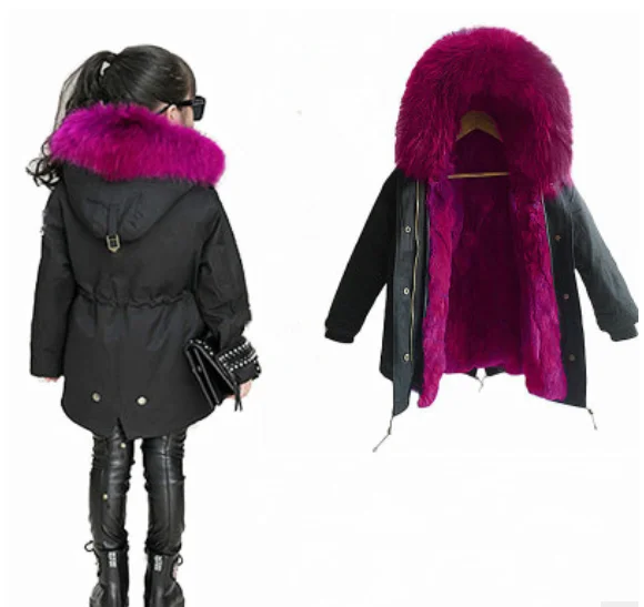 rose Red Новое Модное детское Стеганое пальто куртка с меховым воротником для маленьких мальчиков и девочек Однотонные длинные меховые парки зимняя верхняя одежда - Цвет: rose Red