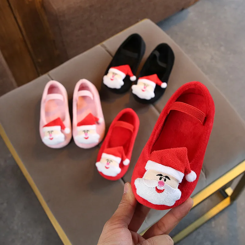 Рождественская обувь для маленьких девочек; Рождественский подарок; зимние теплые Нескользящие тапочки с Санта-Клаусом; Милая Рождественская Детская домашняя мягкая детская обувь
