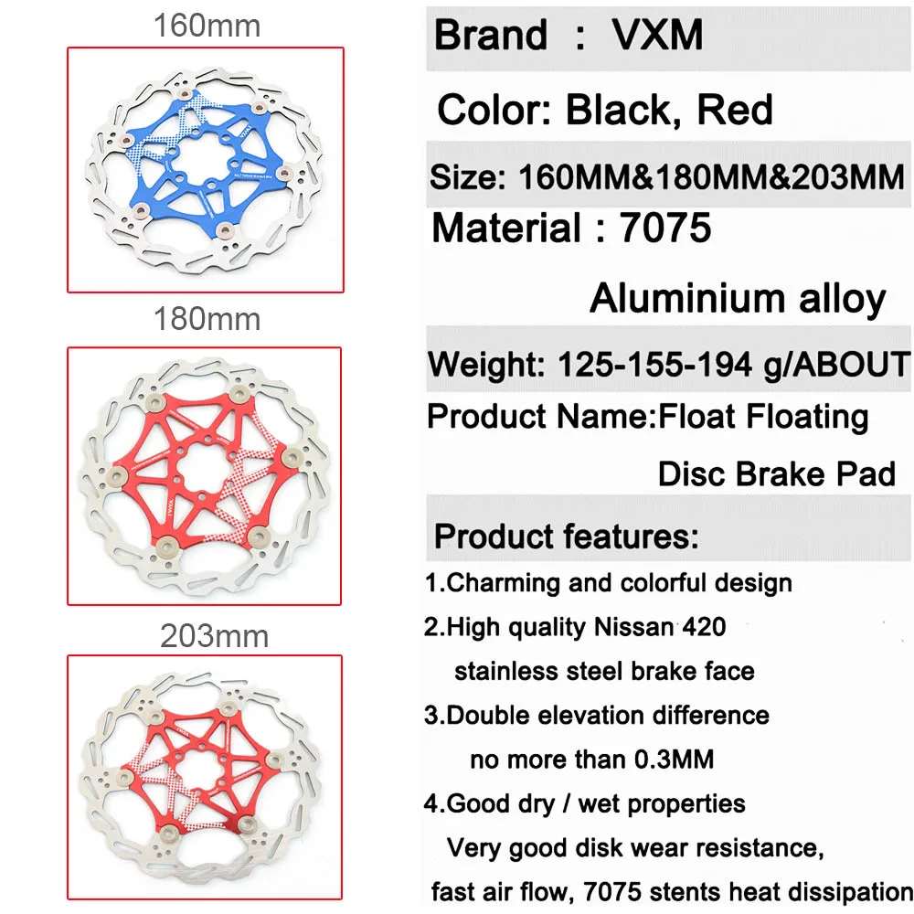 Bicycle Disc Brake MTB Road Bike Hydreaulic Brake Float Floating Disc Rotors 160mm/180mm/203mm 420 Stainless Steel Brake Pads