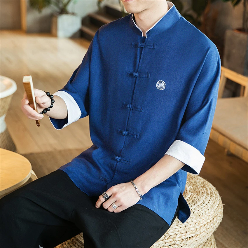 Chinese Style Mens Tops Tang Suit Linen Long Sleeve Solid Traditional Kung Fu China Style Hanfu Shirt Plus Size M-5XL chinese dress chinese men shirt
