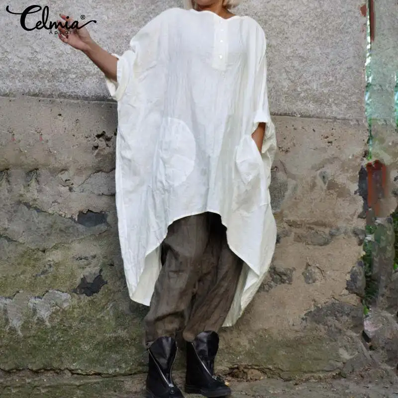  Fashion Asymmetrical Tops Celmia Women's Sleeve Vintage Cotton Blouses Long Shirts 2019 Autumn Casu