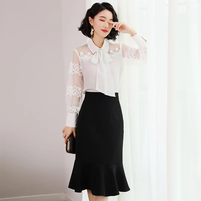 

Two Piece Set Women Office Chiffon Tops Spring Summer Black Skirt 2020 Women Korean Elegant Long Skirts Chandal Mujer MY2338