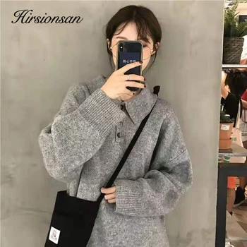 

Hirsionsan Turn-down Collar Sweater Women Basic Chic Winter Soft Pullover Knitted Button Top Long Sleeve Oversized Female Jumper