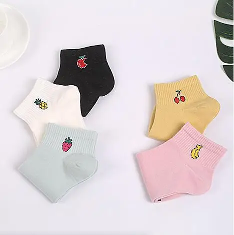New Cartoon Fruit Cute Socks Women Cotton Socks Japanese Ankle Short Socks Embroidery 5 pairs lot