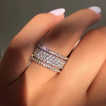 Elegant Silver Color Rhinestone Crystal Ring Wide Love Rings For Women Wedding Engagement