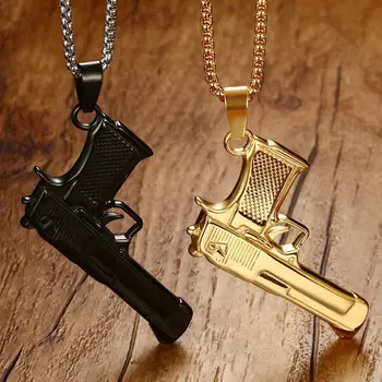 

Vnox Cool Pistol Gun Shape Pendant For Men Necklace Black Gold Color Stainless Steel Punk Male Jewellry 24" Box Chain Hiphop