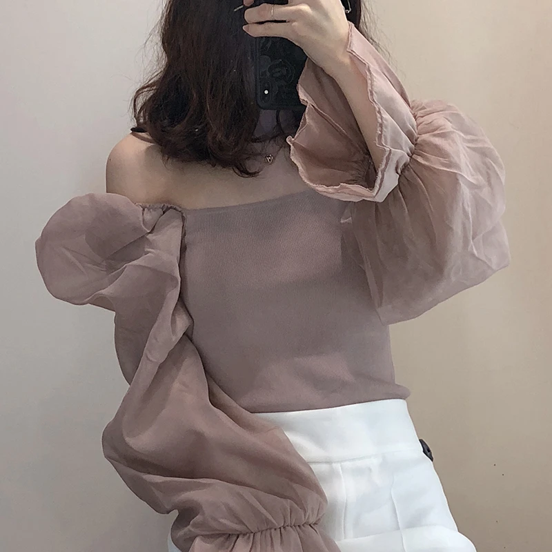 Women Sweet Fashion Patchwork Organza Knitted Blouses Vintage See Through Sleeve Stretch Female Shirts Chic Tops ladies white shirt