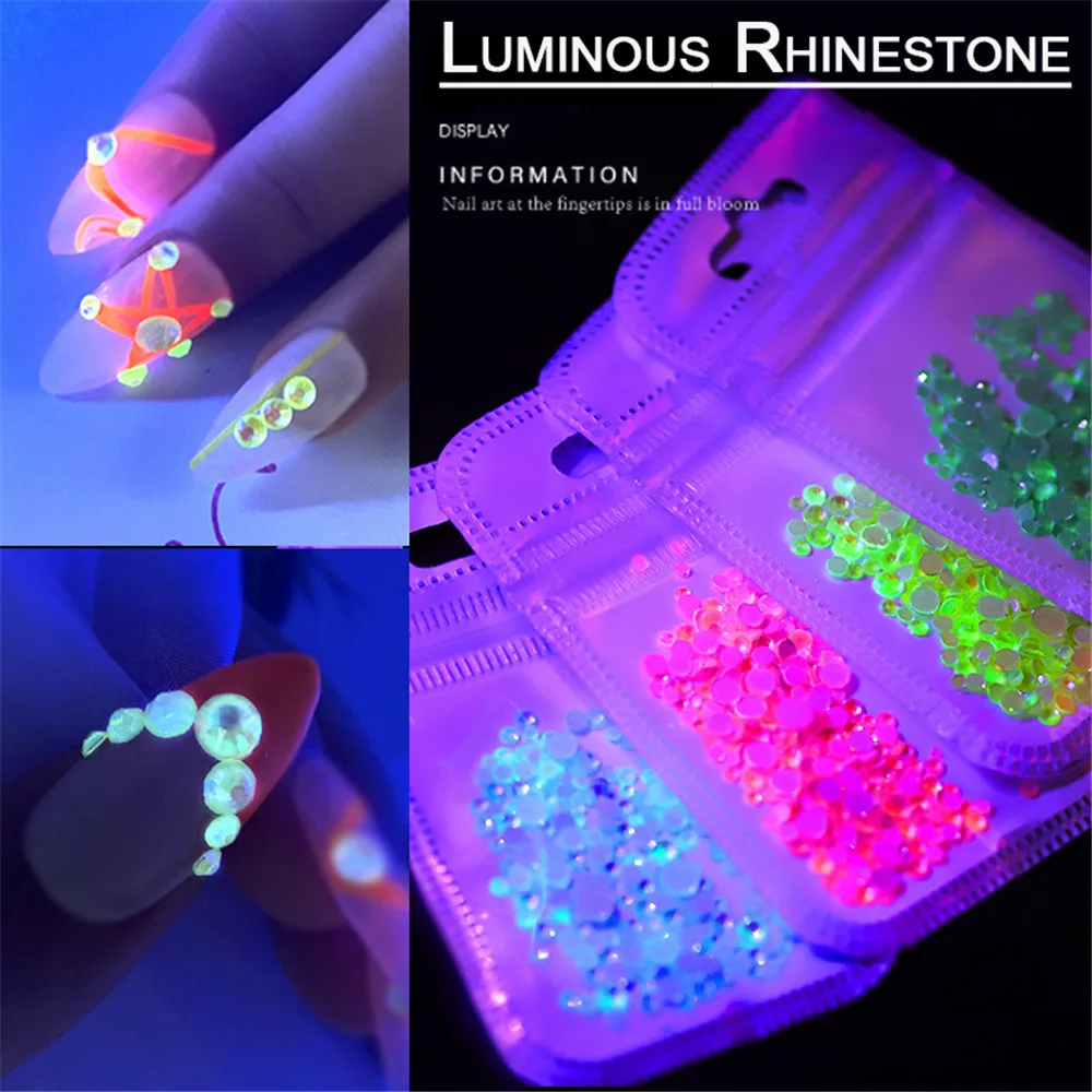 Светящиеся Стразы для ногтей смешанные размеры стеклянные плоские задники Светящиеся в темноте 3D очаровательные драгоценные камни DIY маникюр Дизайн ногтей набор украшений