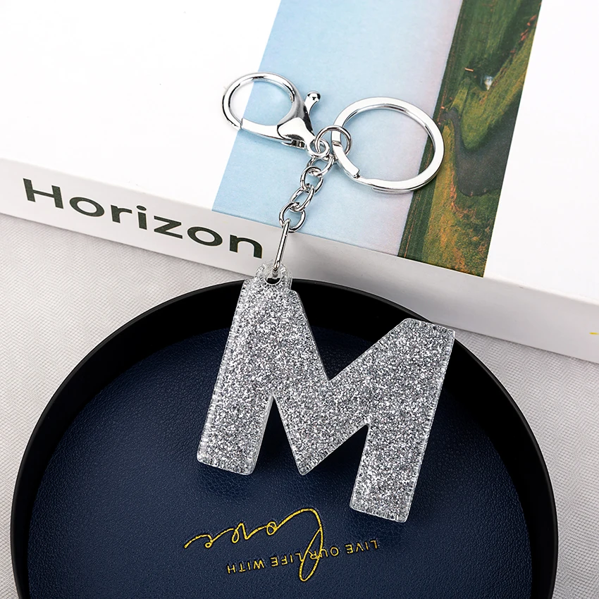 1PC Women Keychains  Handbag  Car Pendants 26 English Letter Keyring  Charms   Glitter Resin Word