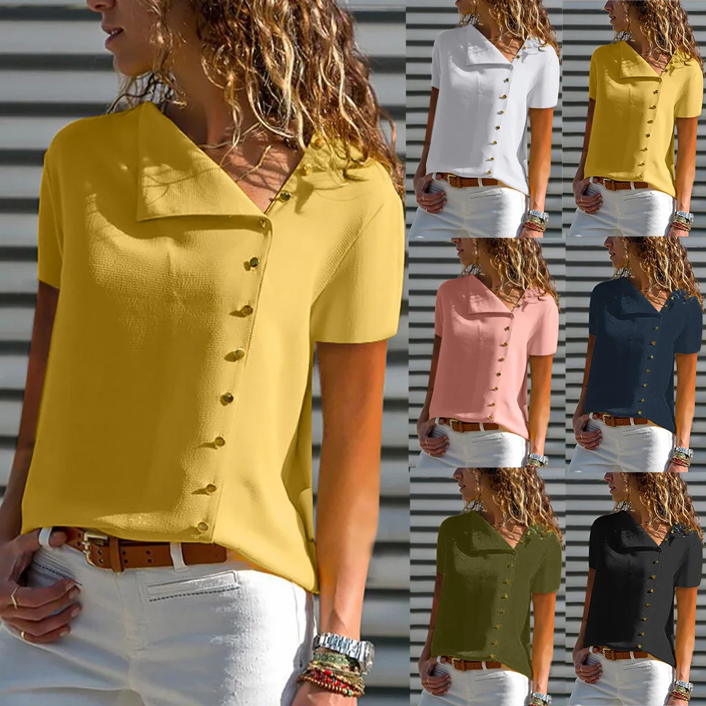 

Lugentolo Women's T-shirt Summer New Fashion Button Irregular Diagonal Collar Short-sleeved Solid Color Shirt