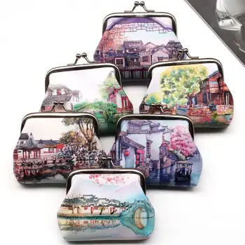 

New Ancient Town Vintage PU Leather mini Coin Purses Women Printing ancient town hasp coin Wallet Ladies change Purse Carteira