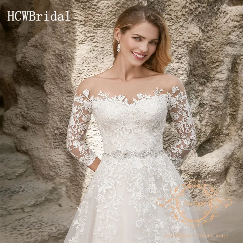 Robe De Mariee 3/4 рукава Цветы Кружева свадебное платье Линия развертки Поезд Длинные свадебные платья индивидуальный заказ Vestido De Noiva