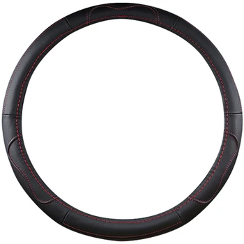 

Car Steering Wheel Cover Genuine Leather, Universal 15 Inch, Black with Red Lines - Durable, Anti Slip & Odor-Free